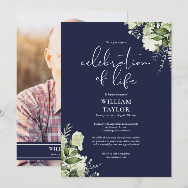 Convite Foto de Celebração de Vida Verde Azul Marinho (Frente/Verso)