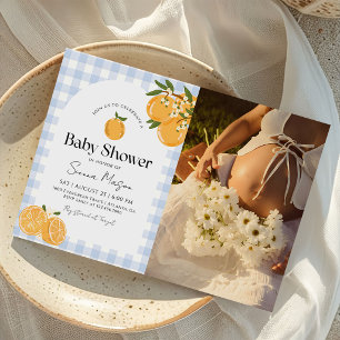 Convite Foto de Chá de Bebê de Laranja Gingham Cítrico