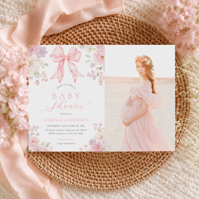 Convite Foto de Chá de Bebê Floral com Laço Rosa (Criador carregado)