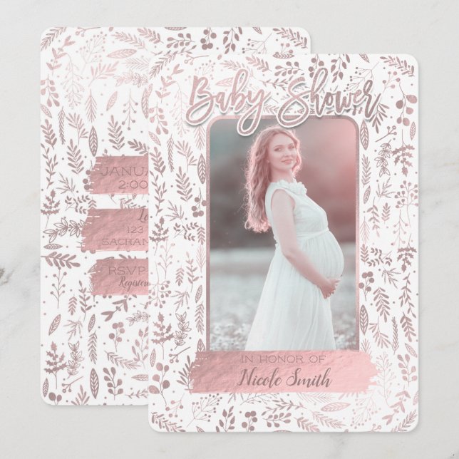 Convite Foto de Chá de Bebê Moderno com Brilho Rosa Dourad (Frente/Verso)