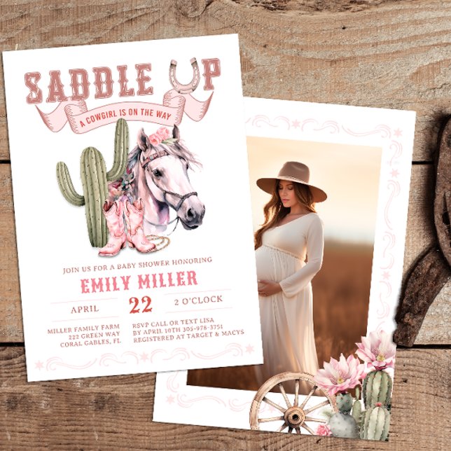Convite Foto de Chá de fraldas de Cowgirl Ocidental rosa c (Pink Western Baby Shower Invite)