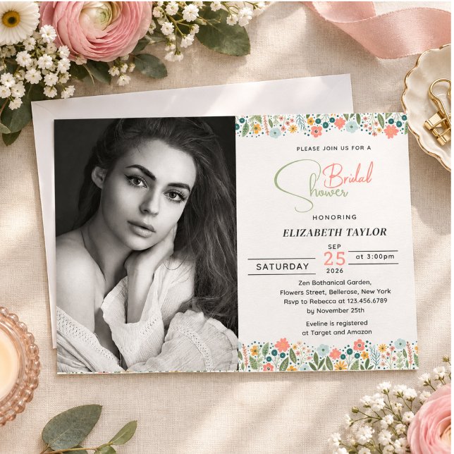 Convite Foto de Chá de Noiva com Flor Retro Fofa (Cute Retro Flower Bridal Shower Photo Invitation)