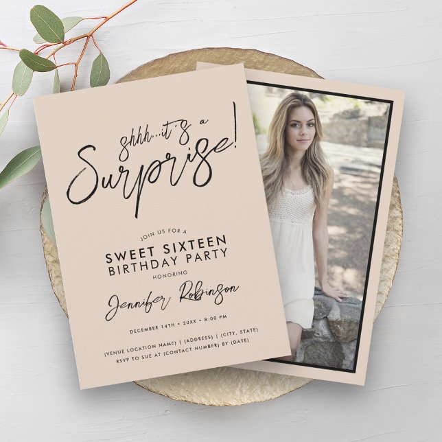 Convite Foto de Champanhe Moderno Surpresa Sweet 16 (Modern Champagne Photo Surprise Sweet 16 Invitation)