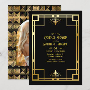 Convite Foto de Chuveiro de Casais Art Déco Preto e Dourad