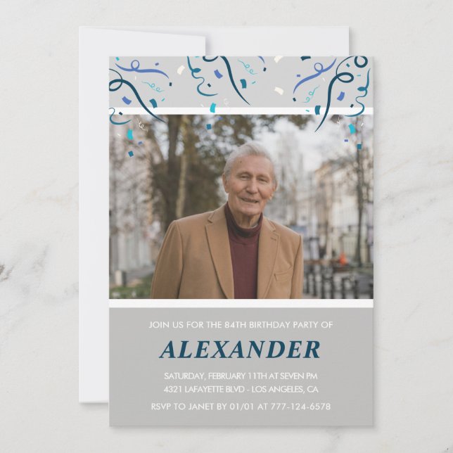 Convite Foto de Cinza para ele Confetti 84 anos (Frente)