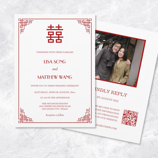 Convite Foto de Código QR | Casamento Chinês Vermelho Bran (Criador carregado)