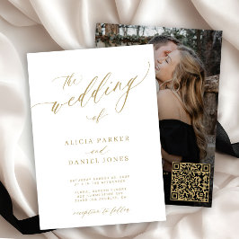 Convite foto de código QR casamento elegante moderno doura