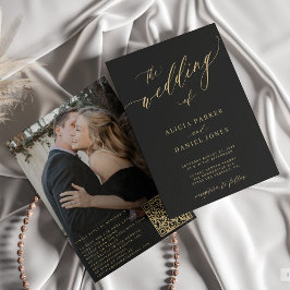 Convite Foto de código QR casamento negro de ouro elegante