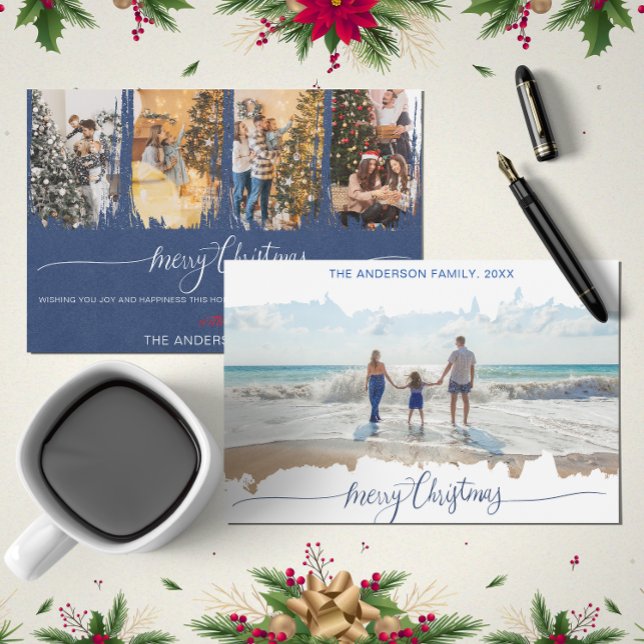Convite Foto de Colagem de Natal Mínima e Moderna Azul (Blue Modern Minimalist Christmas Collage Photo Invitation)