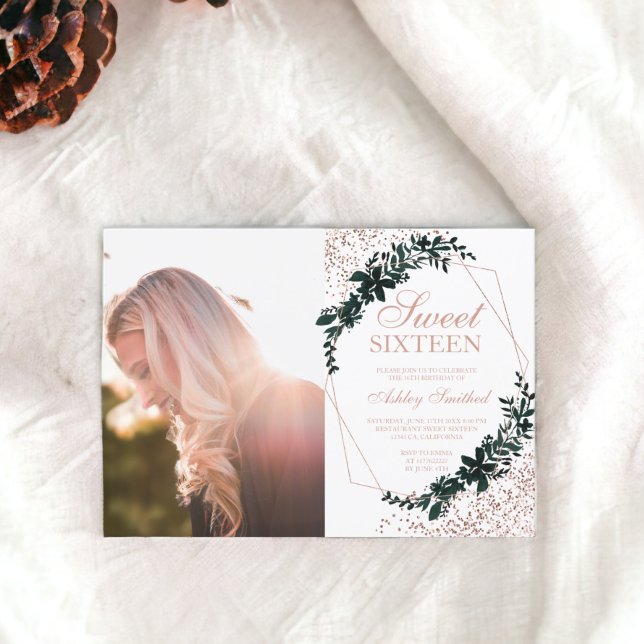 Convite Foto de confete verde com quadro rosa dourado Swee (Rose gold frame green confetti photo Sweet 16 Invitation)