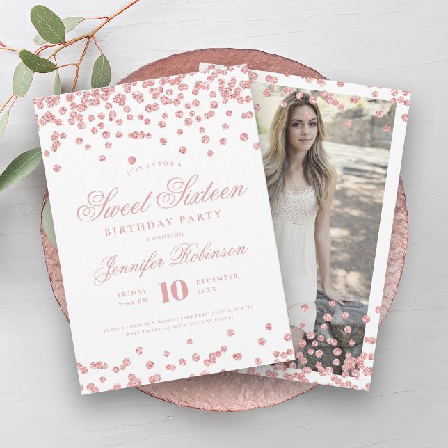 Convite Foto de Confetti Dourada Elegante, Rosa, Sweet 16 (Elegant Rose Gold Confetti Photo Sweet 16 Invitation)