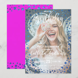 Convite Foto de Confetti Magenta Blue Glitter