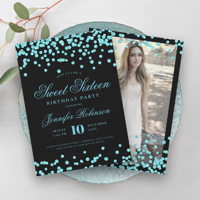 Convite Foto de Confetti Preto Turquesa Elegante Doce 16 (Elegant Turquoise Black Confetti Photo Sweet 16 Invitation)