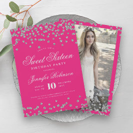 Convite Foto de Confetti Rosa Quente Elegante Silver Sweet