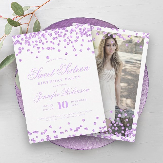 Convite Foto de Confetti Roxo Elegante Sweet 16 (Elegant Purple Confetti Photo Sweet 16 Invitation)