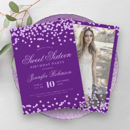 Convite Foto de Confetti Roxo Elegante Sweet 16