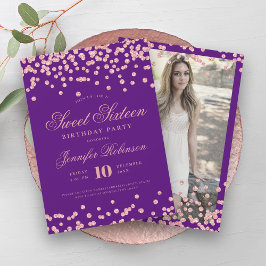 Convite Foto de Confetti Roxo rosa Dourado Sweet 16