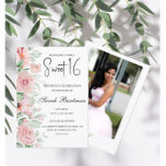 Convite Foto de cor aquosa floral pastel suave Sweet 16<br><div class="desc">Celebre o dia especial de sua filha com esta foto floral de cor d'água pastel suave Sweet 16 com bonito rosas rosa e aquarela floral verde,  um roteiro elegante,  e apenas adicione sua foto no verso.</div>