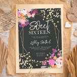 Convite Foto de cor d'água floral Dourada brilhante doce 1<br><div class="desc">Primavera chic, cor-de-rosa-verão, cor de água floral roxa e laranja e tipografia de confetti com brilho dourado 16 anos com flores pintadas à mão, ramos de folha de aquarela verde com estrutura de terrário geométrico dourado em fundo escuro, perfeito para todas as estações festa de aniversário, adicione sua foto no...</div>