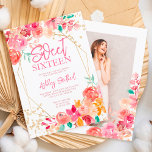 Convite Foto de cor d'água floral Dourada do boho doce 16<br><div class="desc">Boho cor-de-rosa,  terracotta,  vermelho e castanho aquarela floral e tipografia de confetti dourado Festa doce de 16 anos com flores pintadas à mão,  ramos de folha de aquarela verde com estrutura de terrário geométrico dourado,  perfeita para todas as estações festa de aniversário,  adicione sua foto na parte de trás</div>