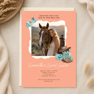 Convite Foto de Cowgirl em Pêssego Aniversário de Sweet Si