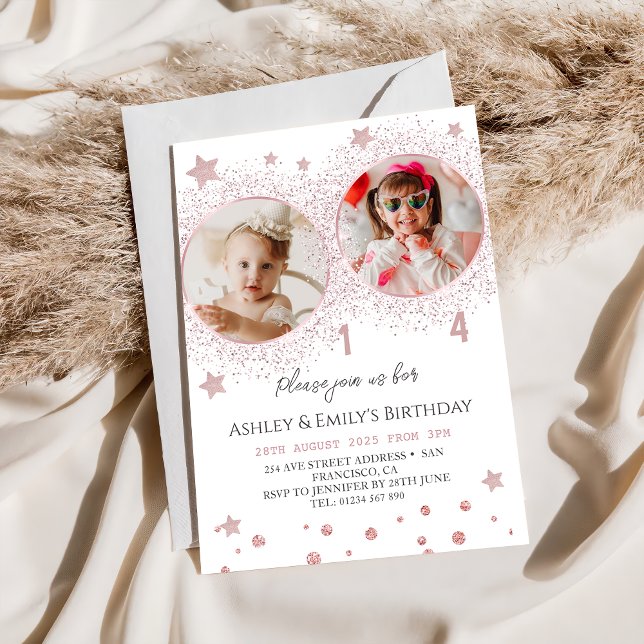 Convite Foto De Crianças De Aniversário Duplo, Rosa, Rosa (Criador carregado)