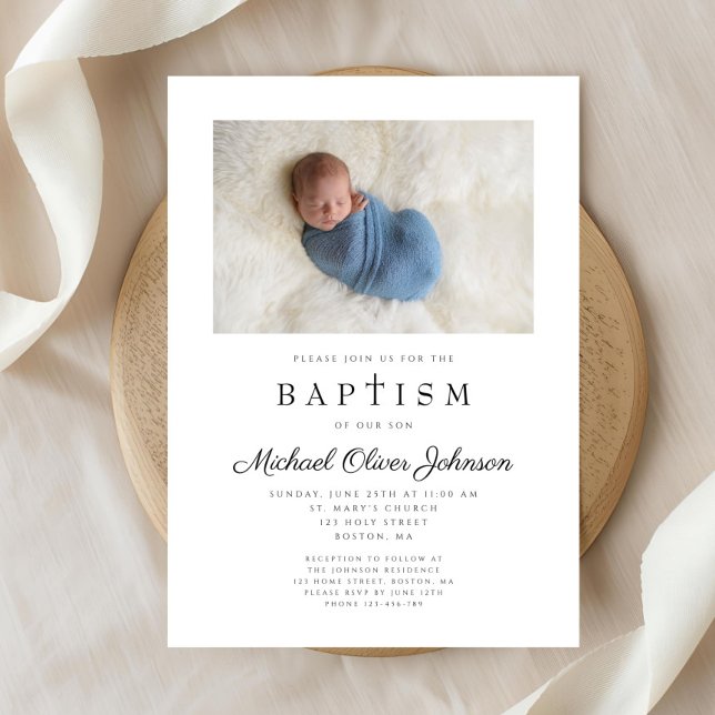 Convite Foto de Cristo Religioso (Religious Cross Boy Photo Baptism Invitation)