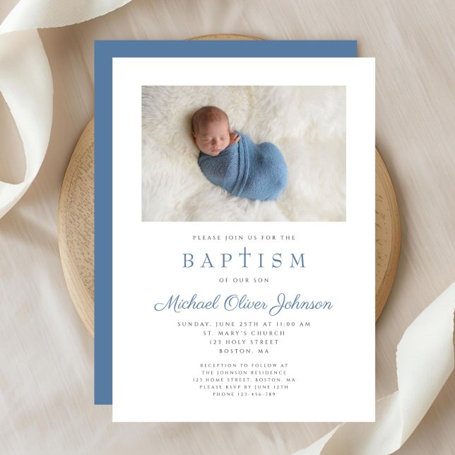 Convite Foto de Cristo Religioso Azul (Blue Religious Cross Boy Photo Baptism Invitation)