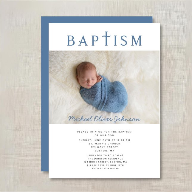 Convite Foto de Cruz Religiosa Azul Menino Batismo  (Blue Religious Cross Photo Boy Baptism Invitation)