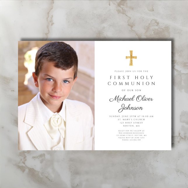 Convite Foto de Cruz Religiosa Elegante Menino Primeira Co (Elegant Religious Cross Photo Boy First Communion Invitation)