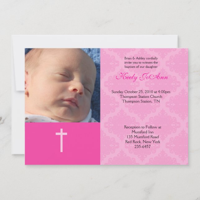 Convite Foto de Damasco Rosa 5x7 da Menina de Dedicação do (Frente)