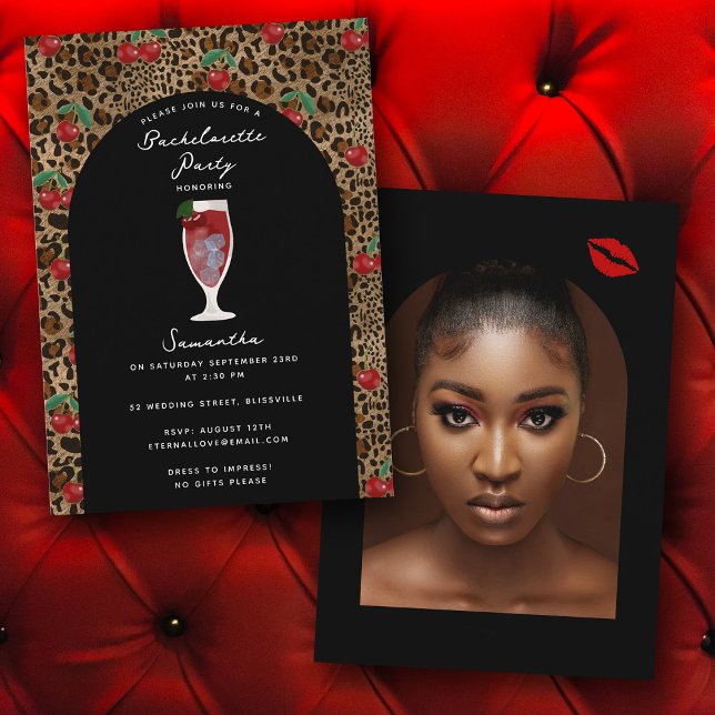 Convite Foto de Despedida de Solteira com Estampa de Guepa (Leopard Cheetah Print Cherry Bachelorette Photo Invitation)