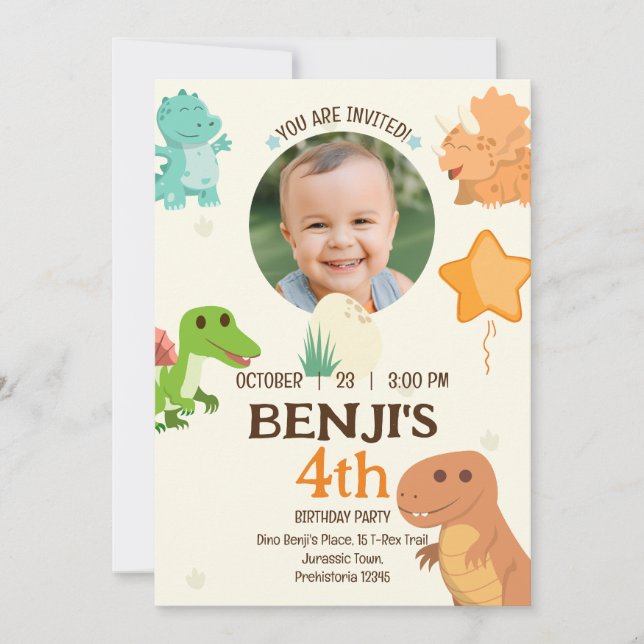 Convite Foto de Dinossauro Amarelo Pálido Personalizável A (Frente)