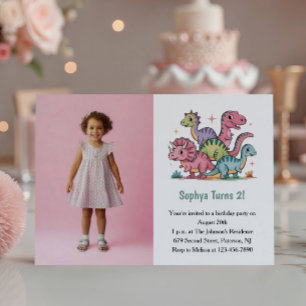Convite Foto de Dinossauro Rosa Fofa Aniversário de 2 anos