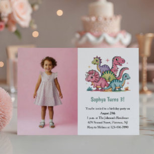 Convite Foto de Dinossauro Rosa Fofa Aniversário de 3 anos
