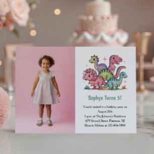 Convite Foto de Dinossauro Rosa Fofa para Aniversário de C
