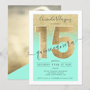 Convite foto de dourado - script mint quinceanera