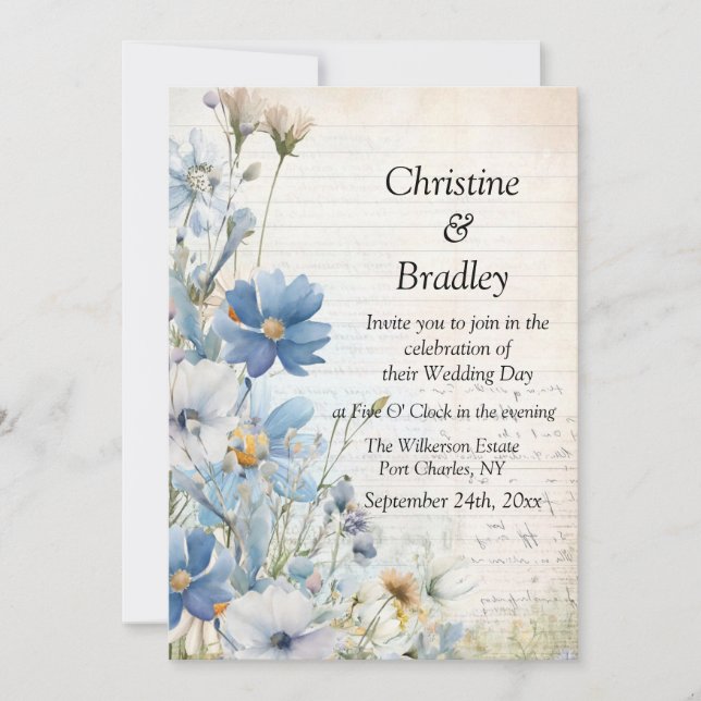Convite Foto de Dusty Blue Wildflower Código QR Casamento (Frente)