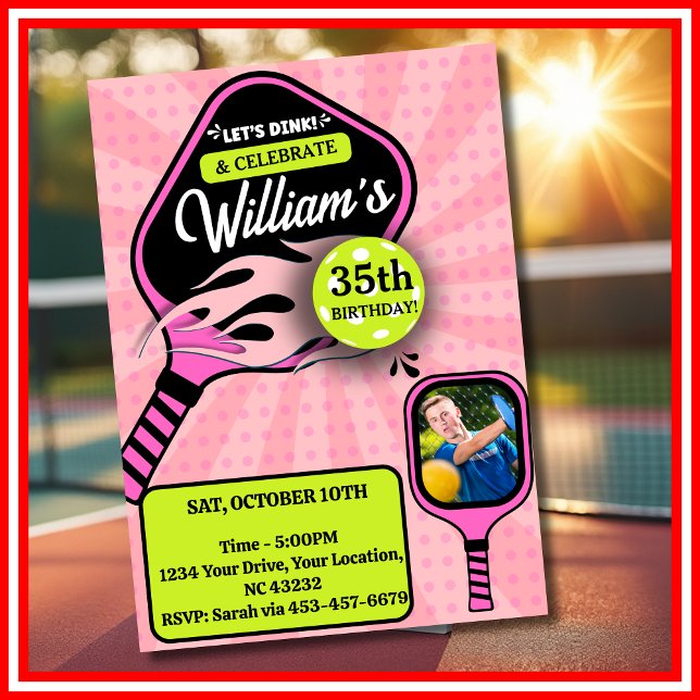 Convite Foto de esportes rosa Pickleball RETRO Aniversário (Pickleball RETRO Pink Sports PHOTO Birthday Invitation)