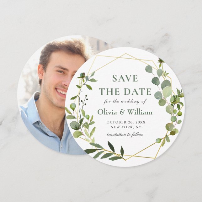 Convite FOTO de Eucalipto Moderno para SAVE THE DATE de Ca (Frente/Verso)