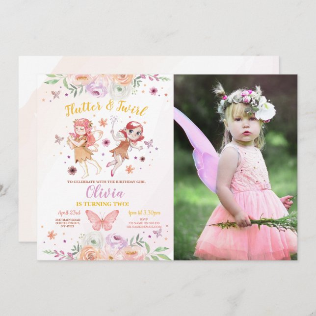 Convite Foto de Fadas de Festa de aniversário da Moça (Frente/Verso)