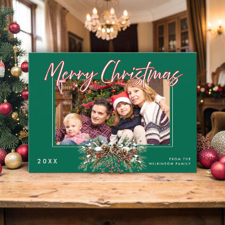 Convite Foto de Família Feliz Natal Pinheiro Bagas Vermelh