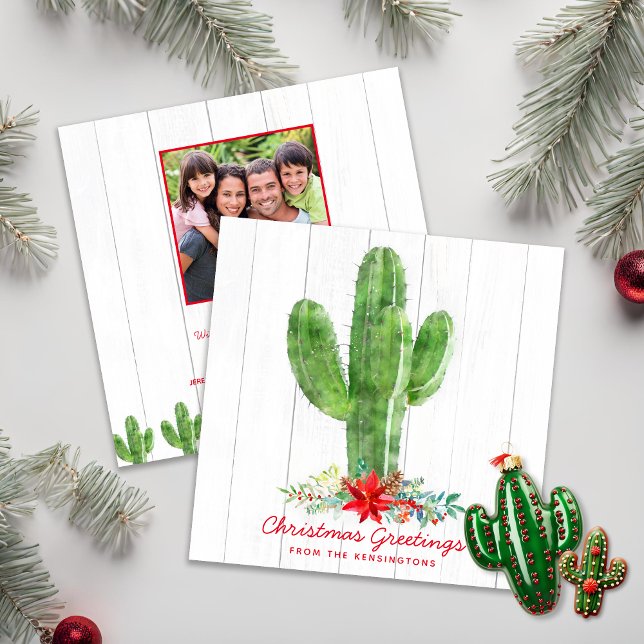 Convite Foto de Feriado de Madeira de Natal Russo Cactus (Rustic Christmas Cactus Wood Holiday Photo Christmas Card)