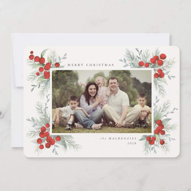 Convite Foto de Férias de Natal com Frutas Vermelhas Pinta (Frente)