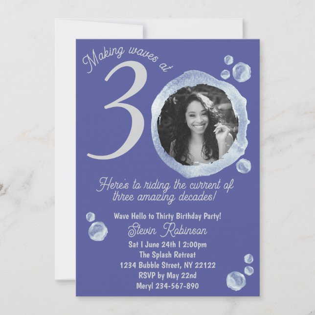 Convite Foto de Festa de aniversário 30 Azul com Bolhas Az (Frente)