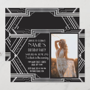 Convite Foto de Festa de aniversário Art Deco de 1920 Con