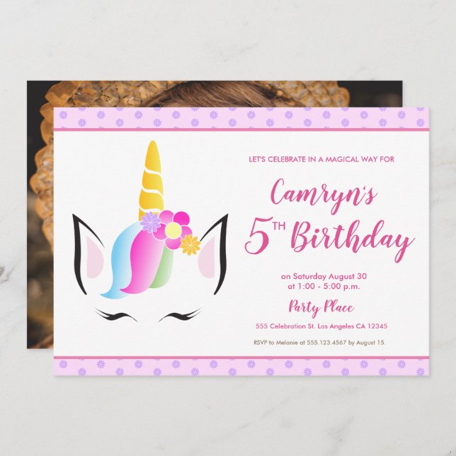 Convite Foto de festa de aniversário de 5 da Garota do Uni (Frente/Verso)