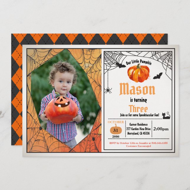 Convite Foto de festa de aniversário de abóbora do Hallowe (Frente/Verso)