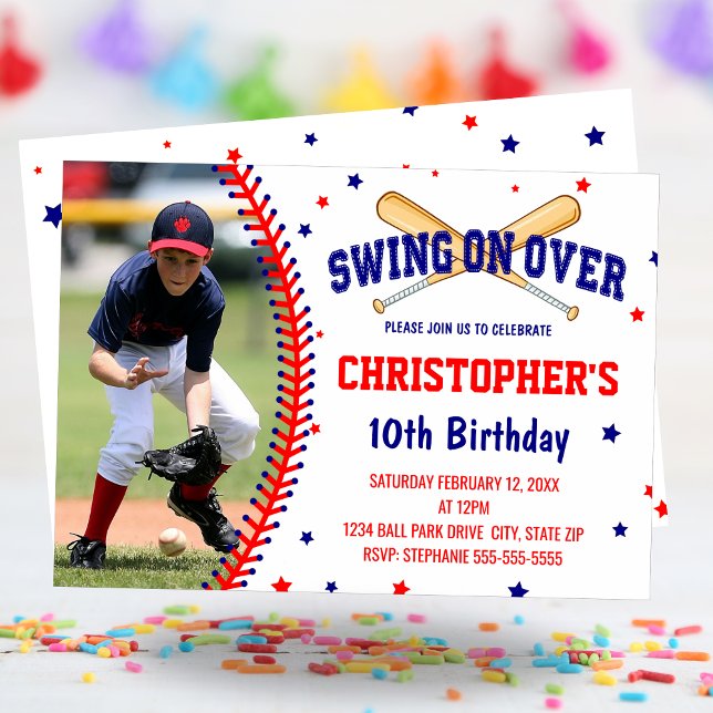 Convite Foto de Festa de aniversário de Baseball em Swing  (Swing On Over Boys Baseball Birthday Party Photo Invitation)