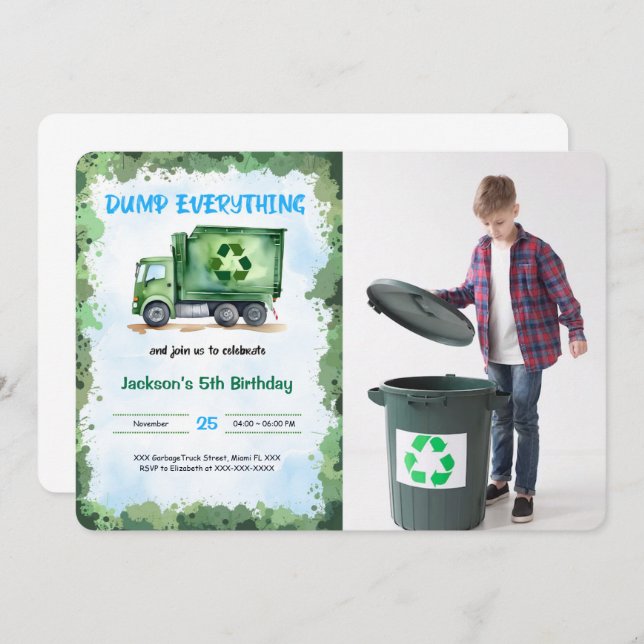 Convite Foto de Festa de aniversário de Caminhão de Lixo E (Frente/Verso)